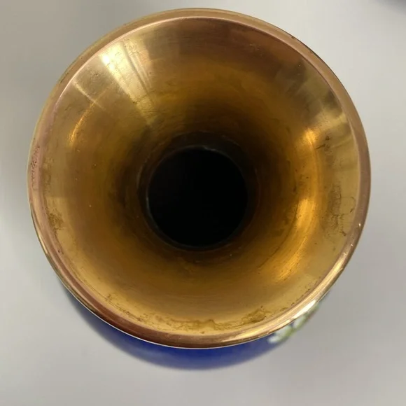 Pair of Vintage Matching Blue Chinese Cloisonné Brass Vases - Picture 11 of 12